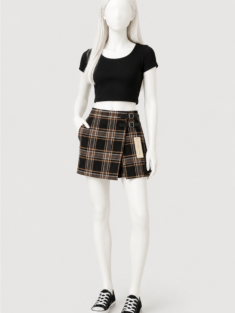 Copper Key Girls Plaid Wrap Skort Size XL NWT Black Tan School Girl Style